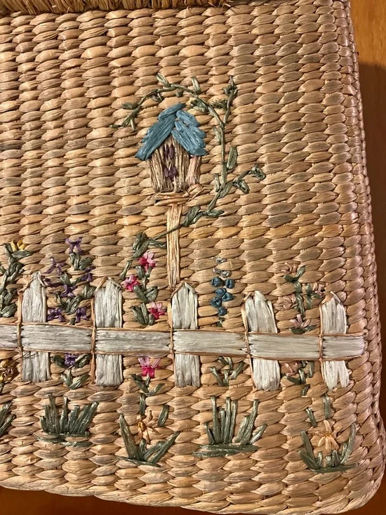 Vintage Straw Tote with Embroidered Garden Motif - Natural, Blue, Pink - Picture 7 of 7